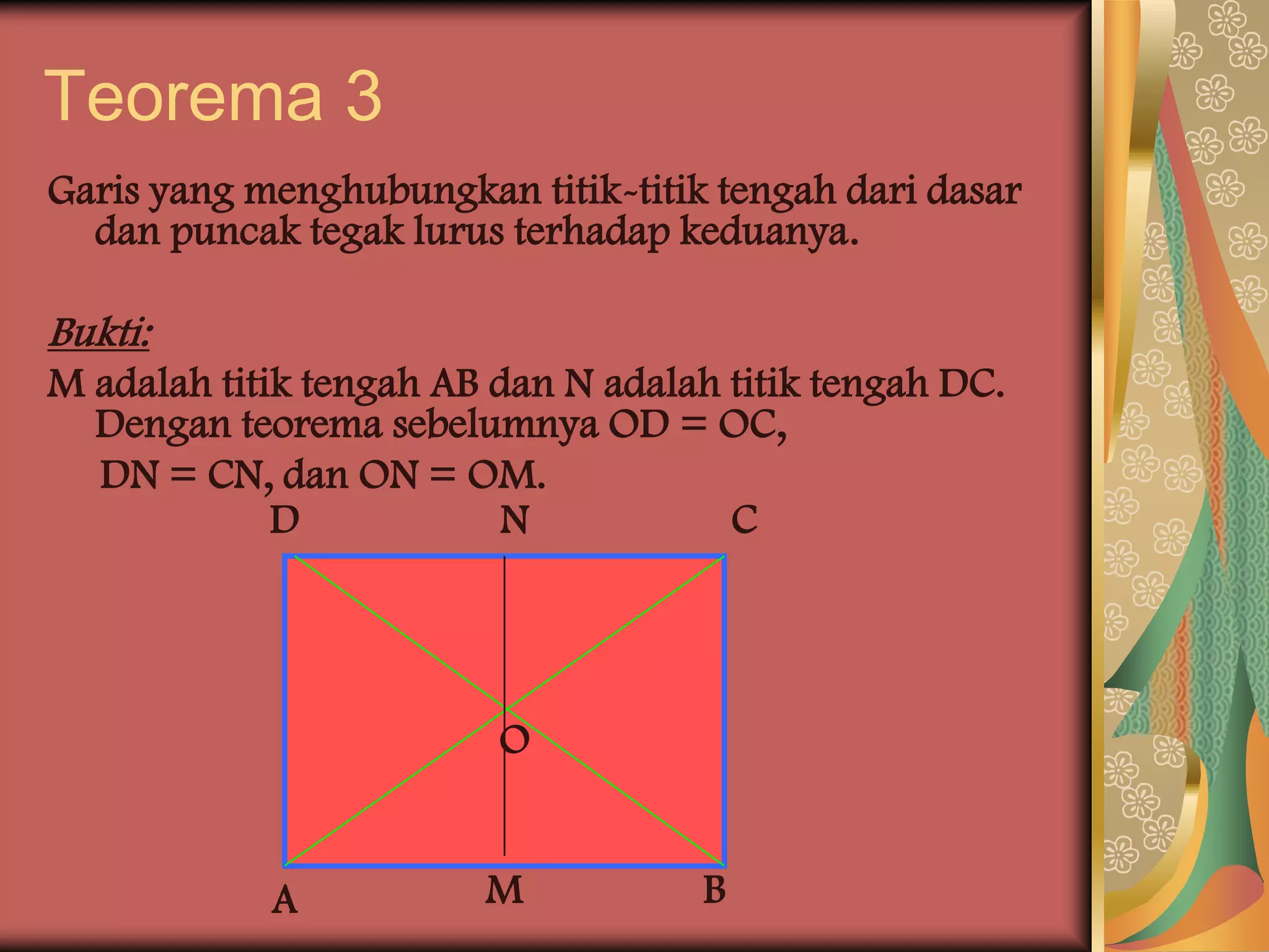 Teorema 3
Garis yang menghubungkan titik-titik tengah dari dasar
  dan puncak tegak lurus terhadap keduanya.

Bukti:
M adalah titik tengah AB dan N adalah titik tengah DC.
  Dengan teorema sebelumnya OD = OC,
  DN = CN, dan ON = OM.
             D            N           C




                         O


            A           M           B
 