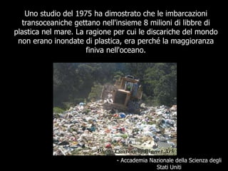 Uno studio del 1975 ha dimostrato che le imbarcazioni transoceaniche gettano nell'insieme 8 milioni di libbre di plastica nel mare. La ragione per cui le discariche del mondo non erano inondate di plastica, era perché la maggioranza finiva nell'oceano. - Accademia Nazionale della Scienza degli Stati Uniti 