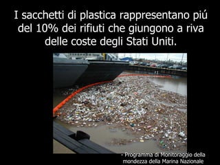 I sacchetti di plastica rappresentano piú
 del 10% dei rifiuti che giungono a riva
       delle coste degli Stati Uniti.

...