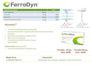 Ingredienti per capsula %.A.R.
Ferro bisglicinato 280 mg
di cui Fe++ 28 mg 200%
Metafolin® 200 µg 100%
Vitamina B6 (piridossina HCL) 1,4 mg 100%
Modo d’uso Precauzioni
1 capsula al giorno FerroDyn deve essere utilizzato unicamente in caso di carenza di ferro
FerroDyn 30 cps Ferrodyn 90 cps
Euro 10,99 Euro 24,99
Metafolin®
• 5-metil-tetraidrofolato (forma attiva B9)
• Unica forma di folato in grado di attraversare la barriera emato-
encefalica
• Essenziale in gravidanza e allattamento
• Attivo nei casi di anemie
• Prevenzione dei difetti del tubo neurale
(spina bifida)
Vitamina B6 (Piridossina HCl)
• Favorisce la produzione dei globuli rossi
 