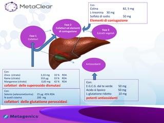 Fase 1
Cofattori
Antiossidanti
Fase 2
Cofattori ed elementi
di coniugazione
Fase 3
Estratti vegetali
Con:
Zinco (citrato) 3,33 mg 33 % RDA
Rame (citrato) 333 μg 33 % RDA
Manganese (citrato) 0,83 mg 42 % RDA
cofattori delle superossido dismutasi
Con:
Selenio (selenometionina) 25 μg 45% RDA
N-acetil cisteina 200 mg
cofattori delle glutatione perossidasi
Con:
E.G.C.G. dal te verde 50 mg
Acido ά lipoico 50 mg
L-glutatione ridotto 10 mg
potenti antiossidanti
Con:
Colina 82, 5 mg
L-treonina 30 mg
Solfato di sodio 50 mg
Elementi di coniugazione
 