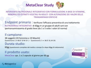 MetaClear Study
Endpoint primario : Verificare l’efficacia preventiva di una trattamento
NUTRIZIONALE INTEGRATIVO di 60gg in un gruppo di adulti sani con
ipertransaminasemia di grado lieve (da 1 a 5 volte i valori di norma)
Il campione:
38 soggetti (19 Femmine e 19 Maschi)
Questionario 1 n=38 (F 19 M 19 ) – Questionario 2 n= 38 (F 19, M 19)
Durata studio:
60gg (questionario compilato dal medico a tempo 0 e dopo 60gg di trattamento)
Il prodotto usato:
MetaClear cps. 1 o 2 capsule al giorno per 60 gg
INTERVENTO NUTRIZIONALE INTEGRATIVO CON FORMULAZIONE A BASE DI VITAMINE,
MINERALI ED ESTRATTI VEGETALI IN ADULTI CON ALTERAZIONE DEI VALORI DELLE
TRANSAMINASI EPATICHE
 