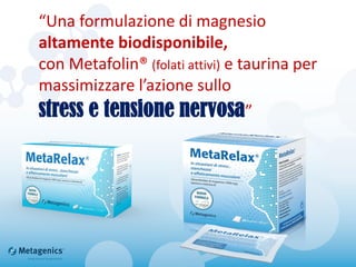 “Una formulazione di magnesio
altamente biodisponibile,
con Metafolin® (folati attivi) e taurina per
massimizzare l’azione sullo
stress e tensione nervosa”
 
