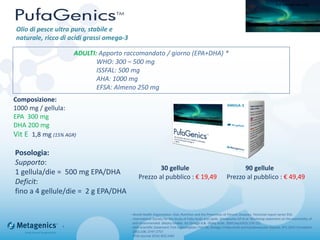 30 gellule 90 gellule
Prezzo al pubblico : € 19,49 Prezzo al pubblico : € 49,49
Composizione:
1000 mg / gellula:
EPA 300 mg
DHA 200 mg
Vit E 1,8 mg (15% AGR)
Posologia:
Supporto:
1 gellula/die = 500 mg EPA/DHA
Deficit:
fino a 4 gellule/die = 2 g EPA/DHA
ADULTI: Apporto raccomandato / giorno (EPA+DHA) *
WHO: 300 – 500 mg
ISSFAL: 500 mg
AHA: 1000 mg
EFSA: Almeno 250 mg
- World Health Organization. Diet, Nutrition and the Prevention of Chronic Diseases. Technical report series 916.
- International Society for the Study of Fatty Acids and Lipids. Simopoulos AP et al. Workshop statement on the essentiality of
and recommended dietary intakes for Omega-6 & -3fatty acids. 2000 Sep;63(3):119-121
- AHA Scientific Statement: Fish Consumption, Fish Oil, Omega-3 Fatty Acids and Cardiovascular Disease, #71-0241 Circulation.
2002;106: 2747-2757
- EFSA Journal 2010; 8(3):1461
*
For internal use onlyFor internal use only
Olio di pesce ultra puro, stabile e
naturale, ricco di acidi grassi omega-3
 