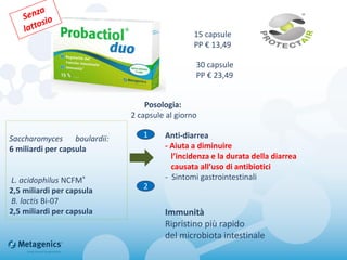 15 capsule
PP € 13,49
Saccharomyces __boulardii:
6 miliardi per capsula
L. acidophilus NCFM®
2,5 miliardi per capsula
B. lactis Bi-07
2,5 miliardi per capsula
Posologia:
2 capsule al giorno
Anti-diarrea
- Aiuta a diminuire
l’incidenza e la durata della diarrea
causata all’uso di antibiotici
- Sintomi gastrointestinali
Immunità
Ripristino più rapido
del microbiota intestinale
1
2
30 capsule
PP € 23,49
 
