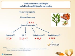 Forinternaluseonly–Q12015
Curcumina vegetale
Rizoma di curcuma
Curcumina estratto(1)
Fitosoma (1) Oli (1) Ciclodestrina(1) Solubilizzante (2)
X 1,3 - 7X 7,9 X 45,9 X 185
X 7,3
Source:
• (1) Jäger et al, Nutrition Journal 2014, 13:11, comparative absorption of curcumin formulations.
• (2) Schiborr et al, Mol. Nutr. Food Res. 2014, 58, 516-527.
Effetto di diverse tecnologie
sulla biodisponibilità della curcumina
 