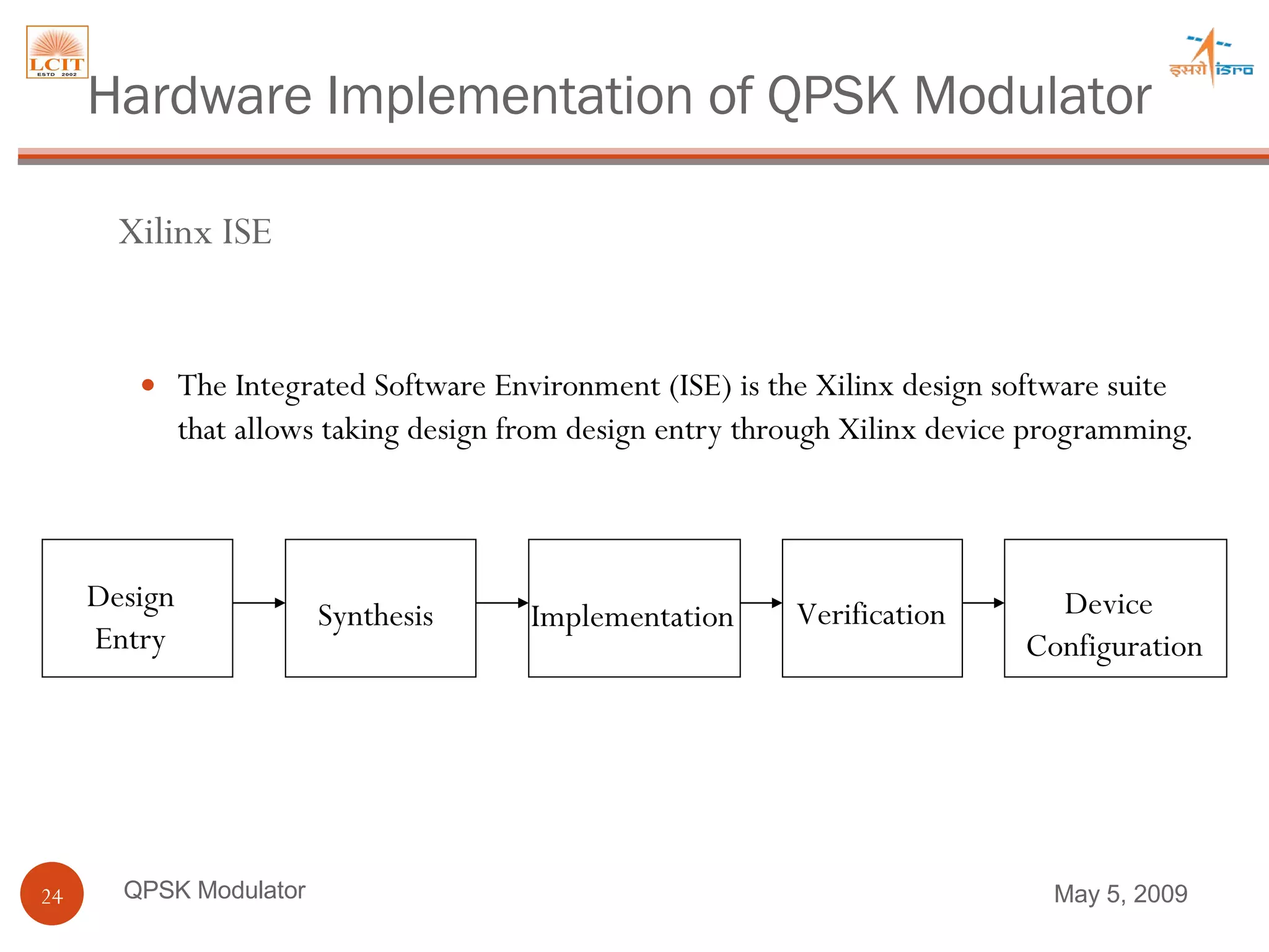 The Integrated Software Environment (ISE) is the Xilinx design software suite that allows taking design from design entry through Xilinx device programming.   QPSK Modulator Design  Entry Synthesis Implementation Verification Device  Configuration Xilinx ISE Hardware Implementation of QPSK Modulator June 9, 2009 