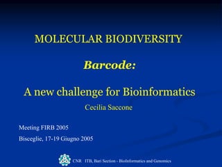 CNR ITB, Bari Section - BioInformatics and Genomics
MOLECULAR BIODIVERSITY
Barcode:
A new challenge for Bioinformatics
Cecilia Saccone
Meeting FIRB 2005
Bisceglie, 17-19 Giugno 2005
 