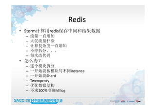 Redis
• Storm计算用redis保存中间和结果数据
– 流量一直增加
– 大促流量狂涨
– 计算复杂度一直增加
– 不停拆分。。。
– 每次改代码
• 怎么办？
– 逐个模块拆分
– 一开始就按模块写不同instance
– 一开始就Shard
– Twemproxy
– 优化数据结构
– 不求100%准确hll log
19:50:05 18
 