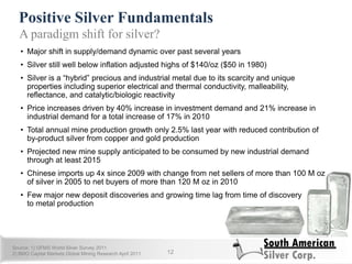 Positive Silver Fundamentals
12
A paradigm shift for silver?
• Major shift in supply/demand dynamic over past several years
• Silver still well below inflation adjusted highs of $140/oz ($50 in 1980)
• Silver is a ―hybrid‖ precious and industrial metal due to its scarcity and unique
properties including superior electrical and thermal conductivity, malleability,
reflectance, and catalytic/biologic reactivity
• Price increases driven by 40% increase in investment demand and 21% increase in
industrial demand for a total increase of 17% in 2010
• Total annual mine production growth only 2.5% last year with reduced contribution of
by-product silver from copper and gold production
• Projected new mine supply anticipated to be consumed by new industrial demand
through at least 2015
• Chinese imports up 4x since 2009 with change from net sellers of more than 100 M oz
of silver in 2005 to net buyers of more than 120 M oz in 2010
• Few major new deposit discoveries and growing time lag from time of discovery
to metal production
Source: 1) GFMS World Silver Survey 2011
2) BMO Capital Markets Global Mining Research April 2011
 