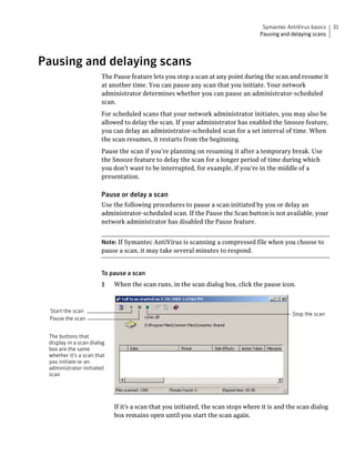 Symantec AntiVirus basics   31
                                                                                   Pausing and delaying scans




Pausing and delaying scans
                       The Pause feature lets you stop a scan at any point during the scan and resume it
                       at another time. You can pause any scan that you initiate. Your network
                       administrator determines whether you can pause an administrator-scheduled
                       scan.
                       For scheduled scans that your network administrator initiates, you may also be
                       allowed to delay the scan. If your administrator has enabled the Snooze feature,
                       you can delay an administrator-scheduled scan for a set interval of time. When
                       the scan resumes, it restarts from the beginning.
                       Pause the scan if you’re planning on resuming it after a temporary break. Use
                       the Snooze feature to delay the scan for a longer period of time during which
                       you don’t want to be interrupted, for example, if you’re in the middle of a
                       presentation.

                       Pause or delay a scan
                       Use the following procedures to pause a scan initiated by you or delay an
                       administrator-scheduled scan. If the Pause the Scan button is not available, your
                       network administrator has disabled the Pause feature.


                       Note: If Symantec AntiVirus is scanning a compressed file when you choose to
                       pause a scan, it may take several minutes to respond.


                       To pause a scan
                       1    When the scan runs, in the scan dialog box, click the pause icon.



 Start the scan
                                                                                               Stop the scan
 Pause the scan


 The buttons that
 display in a scan dialog
 box are the same
 whether it’s a scan that
 you initiate or an
 administrator-initiated
 scan




                            If it’s a scan that you initiated, the scan stops where it is and the scan dialog
                            box remains open until you start the scan again.
 