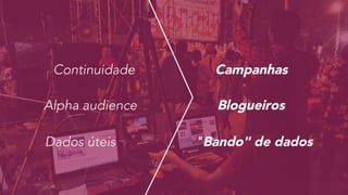 Continuidade Campanhas
Alpha audience Blogueiros
Dados úteis "Bando" de dados
 