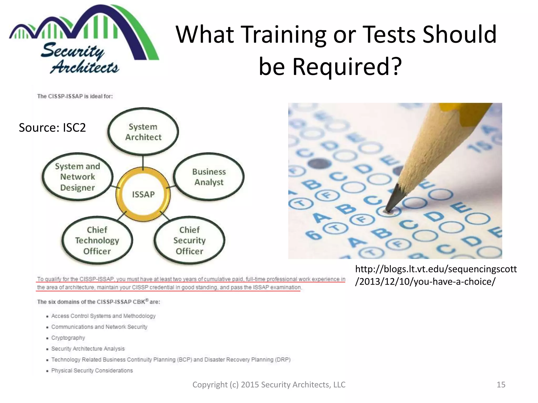 What Training or Tests Should
be Required?
Copyright (c) 2015 Security Architects, LLC 15
Source: ISC2
http://blogs.lt.vt.edu/sequencingscott
/2013/12/10/you-have-a-choice/
 