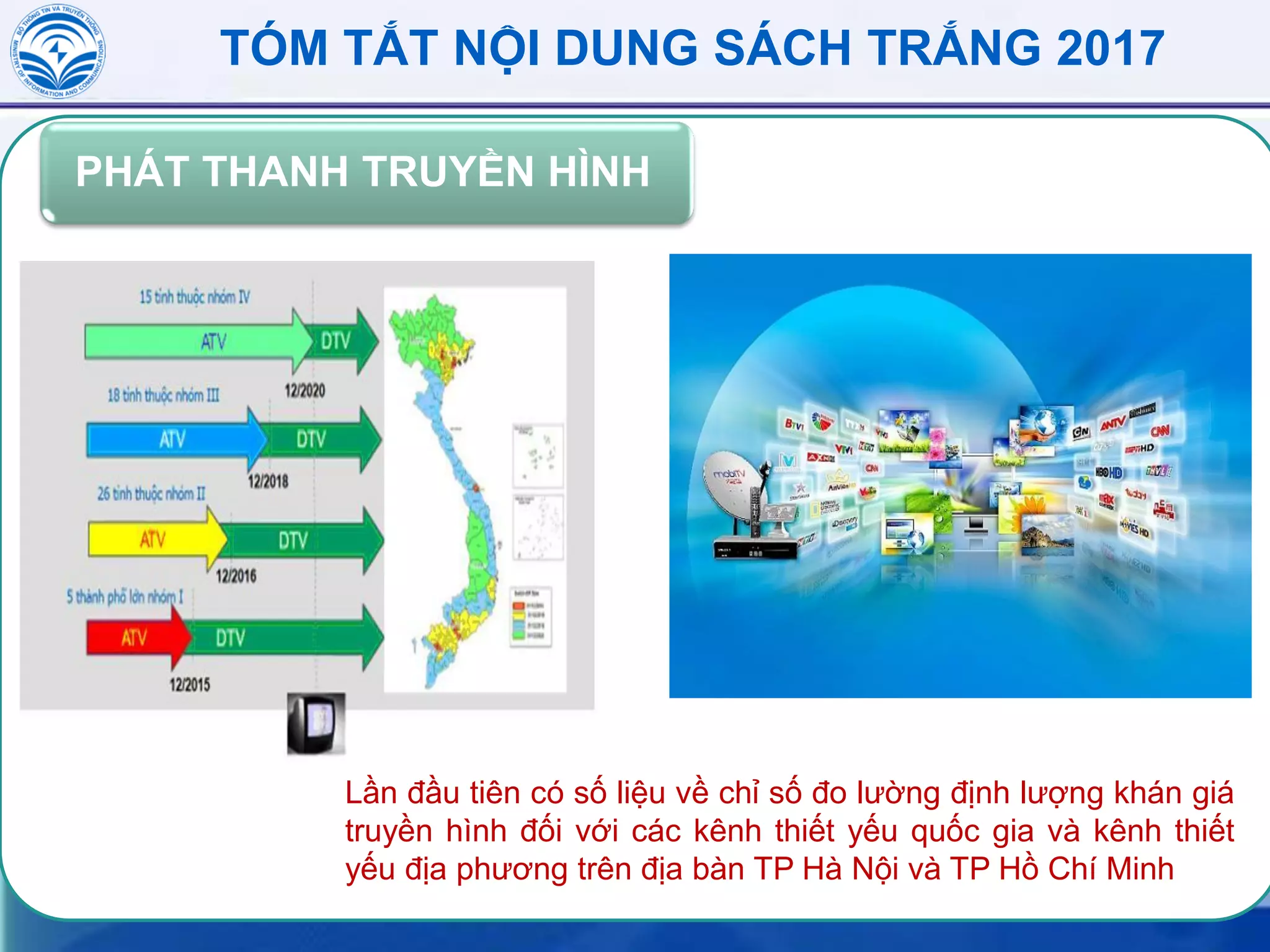 TÓM TẮT NỘI DUNG SÁCH TRẮNG 2017
PHÁT THANH TRUYỀN HÌNH
Lần đầu tiên có số liệu về chỉ số đo lường định lượng khán giá
truyền hình đối với các kênh thiết yếu quốc gia và kênh thiết
yếu địa phương trên địa bàn TP Hà Nội và TP Hồ Chí Minh
 