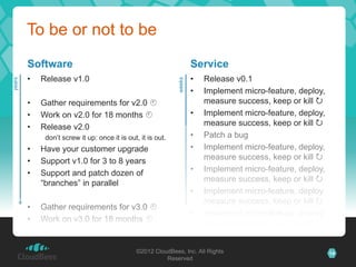 To be or not to be
        Software                                                     Service
        •   Release v1.0                                             •   Release v0.1




                                                             weeks
years




                                                                     •   Implement micro-feature, deploy,
        •   Gather requirements for v2.0                                measure success, keep or kill 
        •   Work on v2.0 for 18 months                              •   Implement micro-feature, deploy,
        •   Release v2.0                                                 measure success, keep or kill 
             don’t screw it up: once it is out, it is out.           •   Patch a bug
        •   Have your customer upgrade                               •   Implement micro-feature, deploy,
        •   Support v1.0 for 3 to 8 years                                measure success, keep or kill 
        •   Support and patch dozen of                               •   Implement micro-feature, deploy,
            “branches” in parallel                                       measure success, keep or kill 
                                                                     •   Implement micro-feature, deploy,
                                                                         measure success, keep or kill 
        •   Gather requirements for v3.0 
                                                                     •   Implement micro-feature, deploy,
        •   Work on v3.0 for 18 months                                  measure success, keep or kill 
        •   …

                                              ©2012 CloudBees, Inc. All Rights                              14
                                                        Reserved
 