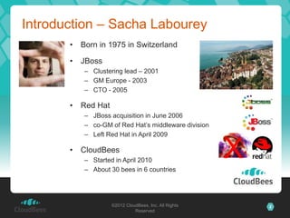 Introduction – Sacha Labourey
       •   Born in 1975 in Switzerland

       •   JBoss
            – Clustering lead – 2001
            – GM Europe - 2003
            – CTO - 2005

       •   Red Hat
            – JBoss acquisition in June 2006
            – co-GM of Red Hat’s middleware division
            – Left Red Hat in April 2009

       •   CloudBees
            – Started in April 2010
            – About 30 bees in 6 countries
                                                        X
                     ©2012 CloudBees, Inc. All Rights       2
                               Reserved
 
