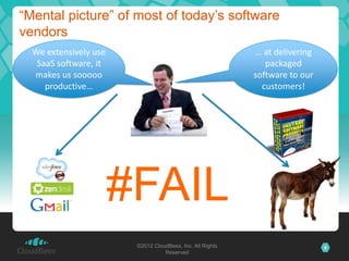 “Mental picture” of most of today’s software
vendors
  We extensively use                                       … at delivering
   SaaS software, it                                          packaged
  makes us sooooo                                          software to our
     productive…                                             customers!




                       #FAIL
                        ©2012 CloudBees, Inc. All Rights                     9
                                  Reserved
 
