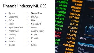 • Python
• Cassandra
• Kafka
• Spark
• Apache Airflow
• PostgreSQL
• Hadoop
• Storm
• Flume
• Kinesis
Financial Industry ML OSS
• TensorFlow
• SPARQL
• Hive
• MongoDB
• Oozie
• Apache Beam
• PySpark
• PyTorch
• R
• Kotlin
 
