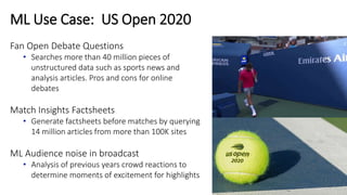 Fan Open Debate Questions
• Searches more than 40 million pieces of
unstructured data such as sports news and
analysis articles. Pros and cons for online
debates
Match Insights Factsheets
• Generate factsheets before matches by querying
14 million articles from more than 100K sites
ML Audience noise in broadcast
• Analysis of previous years crowd reactions to
determine moments of excitement for highlights
ML Use Case: US Open 2020
 