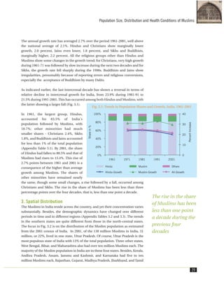 The annual growth rate has averaged 2.7% over the period 1961-2001, well above
the national average of 2.1%. Hindus and Christians show marginally lower
growth, 2.0 percent, Jains even lower, 1.8 percent, and Sikhs and Buddhists,
marginally higher, 2.2 percent. All the religious groups other than Hindus and
Muslims show some changes in the growth trend; for Christians, very high growth
during 1961-71 was followed by slow increase during the next two decades and for
Sikhs, the growth rate fell sharply during the 1990s. Buddhists and Jains show
irregularities, presumably because of reporting errors and religious conversions,
especially the acceptance of Buddhism by many Dalits.
As indicated earlier, the last intercensal decade has shown a reversal in terms of
relative decline in intercensal growth for India, from 23.9% during 1981-91 to
21.5% during 1991-2001. This has occurred among both Hindus and Muslims, with
the latter showing a larger fall (Fig. 3.1).
In 1961, the largest group, Hindus,
accounted for 83.5% of India's
population followed by Muslims, with
10.7%; other minorities had much
smaller shares - Christians 2.4%, Sikhs
1.8%, and Buddhists and Jains accounted
for less than 1% of the total population
(Appendix Table 3.1). By 2001, the share
of Hindus had fallen to 80.5% and that of
Muslims had risen to 13.4%. This rise of
2.7% points between 1961 and 2001 is a
consequence of the higher than average
growth among Muslims. The shares of
other minorities have remained nearly
the same, though some small changes, a rise followed by a fall, occurred among
Christians and Sikhs. The rise in the share of Muslims has been less than three
percentage points over the four decades, that is, less than one point a decade.
3. Spatial Distribution
The Muslims in India reside across the country, and yet their concentration varies
substantially. Besides, the demographic dynamics have changed over different
periods in time and in different regions (Appendix Tables 3.2 and 3.3). The trends
in the southern states are quite different from those in the north-central states.
The focus in Fig. 3.2 is on the distribution of the Muslim population as estimated
from the 2001 census of India. In 2001, of the 138 million Muslims in India, 31
million, or 22%, lived in one state, Uttar Pradesh. Of course, Uttar Pradesh is the
most populous state of India with 13% of the total population. Three other states,
West Bengal, Bihar, and Maharashtra also had over ten million Muslims each. The
majority of the Muslim population in India are in these four states. Besides, Kerala,
Andhra Pradesh, Assam, Jammu and Kashmir, and Karnataka had five to ten
million Muslims each, Rajasthan, Gujarat, Madhya Pradesh, Jharkhand, and Tamil
Population Size, Distribution and Health Conditions of Muslims
29
Fig. 3.1: Trends in Population Shares and Growth, India, 1961-2001
The rise in the share
of Muslims has been
less than one point
a decade during the
previous four
decades
 
