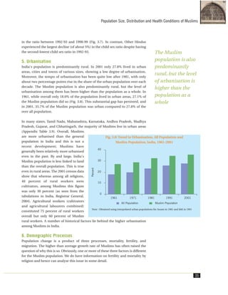 in the ratio between 1992-93 and 1998-99 (Fig. 3.7). In contrast, Other Hindus
experienced the largest decline (of about 5%) in the child sex ratio despite having
the second-lowest child sex ratio in 1992-93.
5. Urbanisation
India's population is predominantly rural. In 2001 only 27.8% lived in urban
areas, cities and towns of various sizes, showing a low degree of urbanisation.
Moreover, the tempo of urbanisation has been quite low after 1981, with only
about two percentage points rise in the share of the urban population over each
decade. The Muslim population is also predominantly rural, but the level of
urbanisation among them has been higher than the population as a whole. In
1961, while overall only 18.0% of the population lived in urban areas, 27.1% of
the Muslim population did so (Fig. 3.8). This substantial gap has persisted, and
in 2001, 35.7% of the Muslim population was urban compared to 27.8% of the
over all population.
In many states, Tamil Nadu, Maharashtra, Karnataka, Andhra Pradesh, Madhya
Pradesh, Gujarat, and Chhattisgarh, the majority of Muslims live in urban areas
(Appendix Table 3.9). Overall, Muslims
are more urbanised than the general
population in India and this is not a
recent development; Muslims have
generally been relatively more urbanised
even in the past. By and large, India's
Muslim population is less linked to land
than the overall population. This is true
even in rural areas. The 2001 census data
show that whereas among all religions,
40 percent of rural workers were
cultivators, among Muslims this figure
was only 30 percent (as seen from the
tabulations in India, Registrar General,
2004). Agricultural workers (cultivators
and agricultural labourers combined)
constituted 75 percent of rural workers
overall but only 60 percent of Muslim
rural workers. A number of historical factors lie behind the higher urbanisation
among Muslims in India.
6. Demographic Processes
Population change is a product of three processes, mortality, fertility, and
migration. The higher than average growth rate of Muslims has often raised the
question of why this is so. Obviously, one or more of these three factors is different
for the Muslim population. We do have information on fertility and mortality by
religion and hence can analyse this issue in some detail.
Population Size, Distribution and Health Conditions of Muslims
35
Fig. 3.8: Trend in Urbanisation, All Population and
Muslim Population, India, 1961-2001
Note : Obtained using interpolated urban populations for Assam in 1981 and J&K in 1991
The Muslim
population is also
predominantly
rural, but the level
of urbanisation is
higher than the
population as a
whole
 