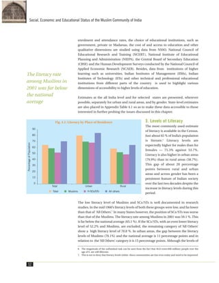 enrolment and attendance rates, the choice of educational institutions, such as
government, private or Madarsas, the cost of and access to education and other
qualitative dimensions are studied using data from NSSO, National Council of
Educational Research and Training (NCERT), National Institute of Educational
Planning and Administration (NIEPA), the Central Board of Secondary Education
(CBSE) and the Human Development Surveys conducted by the National Council of
Applied Economic Research (NCAER). Besides, data from institutions of higher
learning such as universities, Indian Institutes of Management (IIMs), Indian
Institutes of Technology (IITs) and other technical and professional educational
institutions from different parts of the country is used to highlight various
dimensions of accessibility to higher levels of education.
Estimates at the all India level and for selected states are presented, wherever
possible, separately for urban and rural areas, and by gender. State-level estimates
are also placed in Appendix Table 4.1 so as to make these data accessible to those
interested in further probing the issues discussed in this chapter.
3. Levels of Literacy
The most commonly used estimate
of literacy is available in the Census.
Just about 65 % of India’s population
is literate.6
Literacy levels are
expectedly higher for males than for
females — 75.3% against 53.7%.
Literacy is also higher in urban areas
(79.9%) than in rural areas (58.7%).
This gap of about 20 percentage
points between rural and urban
areas and across gender has been a
persistent feature of Indian society
over the last two decades despite the
increase in literacy levels during this
period.
The low literacy level of Muslims and SCs/STs is well documented in research
studies. In the mid 1960’s literacy levels of both these groups were low, and far lower
than that of ‘All Others’.7
In many States however, the position of SCs/STs was worse
than that of the Muslims. The literacy rate among Muslims in 2001 was 59.1 %. This
is far below the national average (65.1 %). If the SCs/STs, with an even lower literacy
level of 52.2% and Muslims, are excluded, the remaining category of ‘All Others’
show a high literacy level of 70.8 %. In urban areas, the gap between the literacy
levels of Muslims (70.1%) and the national average is 11 percentage points and in
relation to the ‘All Others’ category it is 15 percentage points. Although the levels of
52
Social, Economic and Educational Status of the Muslim Community of India
Fig. 4.1: Literacy by Place of Residence
6. The magnitude of the unfinished task can be seen from the fact that 46.8 crore(468 million) people over the
age of 6 are still illiterate.
7. This is not to deny that literacy levels within these communities are low even today and need to be improved.
The literacy rate
among Muslims in
2001 was far below
the national
average
 