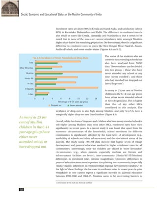 Enrolment rates are above 90% in Kerala and Tamil Nadu, and satisfactory (above
80%) in Karnataka, Maharashtra and Delhi. The difference in enrolment rates is
also small in states like Kerala, Karnataka and Maharashtra. But it needs to be
noted that in none of the states are current attendance rates amongst Muslims
higher than that of the remaining population. On the contrary, there is a significant
difference in enrolment rates in states like West Bengal, Uttar Pradesh, Assam,
Andhra Pradesh, and some smaller states (Figures 4.6 and 4.7).
The status of the students who are
currently not attending schools has
also been analysed from NSSO
data. These students can be divided
into two groups - those who have
never attended any school at any
time (‘never enrolled’), and those
who had enrolled but dropped out
later (‘drop-outs’).
As many as 25 per cent of Muslim
children in the 6-14 year age group
have either never attended school
or have dropped out. This is higher
than that of any other SRCs
considered in this analysis. The
incidence of drop-outs is also high among Muslims and only SCs/STs have a
marginally higher drop-out rate than Muslims (Figure 4.8).
Overall, while the share of dropouts and children who have never attended school is
still higher among Muslims than most other SRCs, enrolment rates have risen
significantly in recent years. In a recent study it was found that apart from the
economic circumstances of the households, school enrolment for different
communities is significantly affected by the local level of development (e.g.,
availability of schools and other infrastructure) and the educational status of the
parents. The study using 1993-94 data showed that higher levels of village
development and parental education resulted in higher enrolment rates for all
communities. Interestingly, once the children are placed in ‘more favourable’
circumstances (e.g., when parents, especially mothers are literate and
infrastructural facilities are better), inter-community (Hindu/SC-ST/Muslims)
differences in enrolment rates become insignificant. Moreover, differences in
parental education were more important in explaining inter-community (especially
Hindu-Muslim) differences in enrolment than regional development variables.12
In
the light of these findings, the increase in enrolment rates in recent years is quite
remarkable as one cannot expect a significant increase in parental education
between 1999-2000 and 2004-05. Muslims seem to be overcoming barriers to
58
Social, Economic and Educational Status of the Muslim Community of India
Fig. 4.8: Incidence of Never Attended and Drop-Outs
12. For details of this study see, Borooah and Iyer
As many as 25 per
cent of Muslim
children in the 6-14
year age group have
either never
attended school or
have dropped out
 