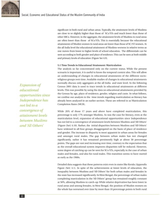 significant in both rural and urban areas. Typically, the attainment levels of Muslims
are close to or slightly higher than those of SCs/STs and much lower than those of
other SRCs. However, in the aggregate, the attainment levels of Muslims in rural areas
are often lower than those of SCs/STs. This is essentially because the educational
attainments of Muslim women in rural areas are lower than those of SC/ST women. At
the all India level the educational attainment of Muslims worsens in relative terms as
one moves from lower to higher levels of school education. The differentials can be
seen according to both gender and place of residence.This can be seen at both middle
and primary levels of education (Figure Set 4.9).
5.1 Time Trends in Educational Attainment: Matriculation
The analysis so far concentrated only on the current status. While the present
scenario is important, it is useful to know the temporal context also. This will allow
an understanding of changes in educational attainments of the different socio-
religious groups over time. Available studies of changes in educational attainments
normally discuss only aggregates at the all India and state level. In the following
Census 2001 data is used to trace trends in educational attainments at different
levels. This was possible by using the data on educational attainments provided by
the Census by age, place of residence, gender, religion and caste. In what follows,
we confine our analysis to the time trends regarding matriculation as literacy has
already been analyzed in an earlier section. These are referred to as Matriculation
Completion Rates (MCR).
While 26% of those 17 years and above have completed matriculation, this
percentage is only 17% amongst Muslims. As was the case for literacy, even at the
matriculation level, expansion of educational opportunities since Independence
has not led to a convergence of attainment levels between Muslims and ‘All Others’
(Figure (Set) 4.10). Rather, the initial disparities between Muslims and ‘All Others’
have widened in all four groups disaggregated on the basis of place of residence
and gender. The increase in disparity is most apparent in urban areas for females
and amongst rural males. The gap between urban males has not changed
significantly, rather it has remained persistently high at about 30 percentage
points. The gaps are vast and increasing over time, contrary to the expectation that
as the overall educational system improves disparities will be reduced. However,
some degree of catching up can be seen for SCs/STs, especially in the case of urban
males and females, and also for rural males. This transition seems to have started
as early as the 1960s.
Detailed data suggests that these patterns exist even in states like Kerala (Appendix
Figure (Set) 4.1). In spite of the achievements at lower levels of education, the
inequality between Muslims and ‘All Others’ for both urban males and females in
the state has increased significantly. In West Bengal, the percentage of urban males
completing matriculation in the ‘All Others’ group has remained roughly constant
at 50%, allowing Muslims to catch-up. While relative deprivation has been lower in
rural areas and among females, in West Bengal, the position of Muslim women on
the whole has worsened over time by more than 10 percentage points in both rural
60
Social, Economic and Educational Status of the Muslim Community of India
Expansion of
educational
opportunities since
Independence has
not led to a
convergence of
attainment levels
between Muslims
and ‘All Others’
 