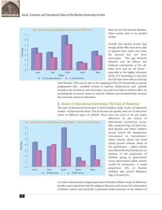 faster for SCs/STs than for Muslims.
These trends need to be probed
further.
Overall, this section reveals that
though all the SRCs have been able
to improve their status over time,
the process has not been
convergent. The gap between
Muslims and ‘All Others’ has
widened consistently at the all-
India level and for all States -
especially at the higher education
levels. It is interesting to note that
SCs/STs have been able to catch up
with Muslims. This may be due to the targeting of SCs/STs households in special
programmes that establish schools or improve infrastructure and provide
incentives for enrolment. Job reservation, too, may have had an indirect effect, by
providing the economic means to educate children and simultaneously increase
the economic returns to education.
8. Choice of Educational Institutions: The Case of Madarsas
The type of educational institution in which children study is also an important
marker of educational status. This is because the quality and cost of education
varies in different types of schools. There does not seem to be any major
difference in the choice of
educational institutions across
SRCs analysed (Fig. 4.23 and 4.24).
Both Muslim and ‘Other’ children
mostly attend the inexpensive
Government or Government-
aided schools; about one third
attend private schools. Many of
the government - aided schools
may effectively be privately run; an
analysis of the proportion of
children going to government
versus government-aided schools
would be instructive. A small
proportion (4%) of Muslim
children also attend Madarsas
(Fig. 4.23 and 4.25) .
It is often believed that a large proportion of Muslim children study in Madarsas,
mostly to get acquainted with the religious discourse and ensure the continuation
of Islamic culture and social life. A persistent belief nurtured, in the absence of
76
Social, Economic and Educational Status of the Muslim Community of India
Fig. 4.25 Madarsa going Muslim Students (NCAER,Prov)
Fig. 4.26 Proportion of Madarsa Going Children - Provisional Estimate
 