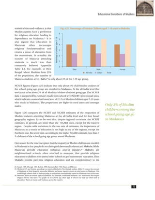 statistical data and evidence, is that
Muslim parents have a preference
for religious education leading to
dependence on Madarsas.24
It is
also argued that education in
Madarsas often encourages
religious fundamentalism and
creates a sense of alienation from
the mainstream. In actuality the
number of Madarsa attending
students is much less than
commonly believed Appendix
Table 4.4. For example, in West
Bengal, where Muslims form 25%
of the population, the number of
Madarsa students at 3.41 lakhs25
is only about 4% of the 7-19 age group.
NCAER figures (Figure 4.25) indicate that only about 4 % of all Muslim students of
the school going age group are enrolled in Madarsas. At the all-India level this
works out to be about 3% of all Muslim children of school going age. The NCAER
data is supported by estimates made from school level NCERT (provisional) data;
which indicate a somewhat lower level of 2.3 % of Muslim children aged 7-19 years
who study in Madarsas. The proportions are higher in rural areas and amongst
males.
Figure 4.26 compares the NCERT and NCAER estimates of the proportion of
Muslim students attending Madarsas at the all India level and for four broad
geographic regions. It can be seen that, despite regional variations, the NCERT
estimates, in general, are lower than the NCAER ones, except for the Eastern
region. Despite wide variations in the two sets of estimates, the importance of
Madarsas as a source of education is not high in any of the regions, except the
Northern one. But even here, according to the higher NCAER estimate, less than 7
% children of the school going age group attend Madarsas.
One reason for the misconception that the majority of Muslim children are enrolled
in Madarsas is that people do not distinguish between Madarsas and Maktabs.While
Madarsas provide education (religious and/or regular),26
Maktabs are
neighbourhood schools, often attached to mosques, that provide religious
education to children who attend other schools to get ‘mainstream’ education. Thus
Maktabs provide part-time religious education and are complementary to the
Educational Conditions of Muslims
77
Fig. 4.27: Percentage of Muslim Children aged 7-19 years in Maktabs
24. Ansari, 1989, Jehangir, 1991, Ruhela, 1998, Salamatullah, 1994, Hasan and Menon,
25. Of which 12% are Hindus, according to a report published in The Outlook (author, 2006). Of course, the concept
of Madarsas in West Bengal is somewhat different and many regular schools are also known as Madarsas. This
would imply a lower share of students going to institutions conventionally known as Madarsas even in this state.
26. Moreover, there are several types of madarsas. For example, residential Madarsas are institutions that impart
religious-Islamic education. The pupils do not attend any other type of school nor seek any other kind of
education. There are many such Madarsas across the country.
Only 3% of Muslim
children among the
school going age go
to Madarsas
 
