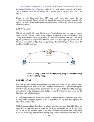 http://my.opera.com/asteriskvn - CHƯƠNG II: CÁC KHÁI NIỆM TRONG HỆ THỐNG ASTERISK
- 15 -
Cú pháp điều khiển SIP giống như SMTP, HTTP, FTP và các giao thức IETF khác
.SIP là một tiêu chuẩn nổi bật trong VoIP vì nó đơn giản so với giao thức khác ví dụ
như H.323 .
Chúng ta cấu hình giao thức SIP bằng cách soạn thảo trong tập tin
/etc/asterisk/sip.conf. Tập tin này có một số thiết lập trong một session [general], tiếp
theo là các định nghĩa của chúng ta cho người sử dụng (sẽ phân tích kỹ hơn trong phần
cấu hình Asterisk) .
2.4.3 Proxy server
Mặc dù hai thiết bị SIP có thể liên lạc trực tiếp với nhau để khởi tạo cuộc gọi nhưng
trong giao thức SIP còn có chức năng Proxy để linh hoạt hơn trong thiếp lập cuộc gọi
.Proxy Server sẽ làm nhiệm vụ ghi nhận tất cả các số điện thoại được phía clien đăng
ký đến qua bản tin “ Registration”.Khi một client khác thực hiện cuộc gọi thì thực sự
Client đó không biết số điện thoại cần gọi đang ở đâu nên thông qua Proxy server để
tìm kiếm thiết lập cuộc gọi.
Hình 2-2: Đăng ký từ Client đến SIP proxy, với giao thức SIP đường
báo hiệu và thoại riêng .
2.4.4 RTP và NAT
Các cuộc gọi trên Internet với giao thức SIP được chia thành các gói thoại và được
chuyển qua giao thức RTP (Real Time Transport Protocol).RTP là giao thức không chỉ
thực hiện chuyển các gói thoại qua Internet mà còn có cả Video nữa .Một cuộc gọi
thông thường có hai hướng thông tin là nhận và phát, RTP làm việc chuyển các gói dữ
liệu thoại cũng trên hai hướng .
RTP cố gắng đảm bảo dữ liệu sẽ được truyền và nhận trong một chu kỳ thời gian ngắn.
Rõ ràng độ trễ trong liên lạc thoại có thể là một vấn đề. Vì vậy RTP ngăn ngừa độ trễ
này ở mức tối đa có thể .
NAT (Network Address Translator) là một trở ngại lớn trong giao thức RTP .Mạng sử
dụng NAT là một mạng chia sẻ nhiều địa chỉ IP nội bộ với một địa chỉ IP công cộng
để kết nối với thế giới bên ngoài .NAT dùng để chia sẻ nhiều máy tính trong mạng
LAN nội bộ sử dụng được Internet, nhưng cũng chính vì thế mà các máy tính nội bộ
 