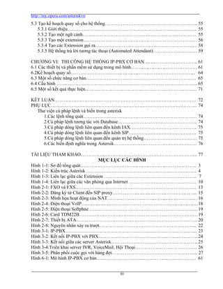 http://my.opera.com/asteriskvn
iii
5.3 Tạo kế hoạch quay số cho hệ thống………………………………………………….. 55
5.3.1 Giới thiệu………………………………………………………………………. 55
5.3.2 Tạo một ngữ cảnh……………………………………………………………… 55
5.3.3 Tạo một extension……………………………………………………………… 56
5.3.4 Tạo các Extension gọi ra……………………………………………………….. 58
5.3.5 Hệ thống trả lời tương tác thoại (Automated Attendant)………………………. 59
CHƯƠNG VI: THI CÔNG HỆ THỐNG IP-PBX CƠ BẢN……………………………. 61
6.1 Các thiết bị và phần mềm sử dụng trong mô hình…………………………………… 61
6.2Kế hoạch quay số……………………………………………………………………. 64
6.3 Một số chức năng cơ bản……………………………………………………………. 65
6.4 Cấu hình ……………………………………………………………………………... 65
6.5 Một số kết quả thực hiện…………………………………………………………….. 71
KẾT LUẬN……………………………………………………………………………… 72
PHỤ LỤC………………………………………………………………………………... 74
Thư viện cú pháp lệnh và biến trong asterisk
1.Các lệnh tổng quát……………………………………………………………… 74
2.Cú pháp lệnh tương tác với Database…………………………………………... 74
3.Cú pháp dòng lệnh liên quan đến kênh IAX…………………………………… 75
4.Cú pháp dòng lệnh liên quan đến kênh SIP……………………………………. 75
5.Cú pháp dòng lệnh liên quan đến quản trị hệ thống……………………………. 75
6.Các biến định nghĩa trong Astersik…………………………………………….. 76
TÀI LIỆU THAM KHẢO……………………………………………………………….. 77
MỤC LỤC CÁC HÌNH
Hình 1-1: Sơ đồ tổng quát……………………………………………………………….. 3
Hình 1-2: Kiến trúc Asterisk ……………………………………………………………. 4
Hình 1-3: Liên lạc giữa các Extension ………………………………………………….. 7
Hình 1-4: Liên lạc giữa các văn phòng qua Internet ……………………………………. 10
Hình 2-1: FXO và FXS………………………………………………………………….. 13
Hình 2-2: Đăng ký từ Client đến SIP proxy……………………………………………... 15
Hình 2-3: Minh họa hoạt động của NAT………………………………………………… 16
Hình 2-4: Điện thoại VoIP……………………………………………………………….. 18
Hình 2-5: Điện thoại Softphne …………………………………………………………... 19
Hình 2-6: Card TDM22B………………………………………………………………… 19
Hình 2-7: Thiết bị ATA………………………………………………………………….. 20
Hình 2-8: Nguyên nhân xảy ra trượt…………………………………………………….. 22
Hình 3-1: IP-PBX………………………………………………………………………... 23
Hình 3-2: Kết nối IP-PBX với PBX………………………………………………………24
Hình 3-3: Kết nối giữa các server Asterisk………………………………………………. 25
Hình 3-4:Triển khai server IVR, VoiceMail, Hội Thoại………………………………… 26
Hình 3-5: Phân phối cuộc gọi với hàng đợi…………………………………………….... 27
Hình 6-1: Mô hình IP-PBX cơ bản……………………………………………………… 61
 