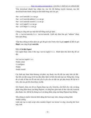 http://my.opera.com/asteriskvn - CHƯƠNG V: THIẾT KẾ CẤU HÌNH IP-PBX
- 32 -
Việc download nhanh hay chậm tùy vào tốc độ đường truyền internet, sau khi
download hoàn thành chúng ta tiến hành bung nén các gói :
#tar –xzvf asterisk-1.x.x.tar.gz
#tar –xzvf asterisk-addons-1.x.x.tar.gz
#tar –xzvf asterisk-sounds-1.x.x.tar.gz
#tar –xzvf zaptel-1.x.x.tar.gz
#tar –xzvf libpri-1.x.x.tar.gz
Chúng ta cũng nên tạo một liên kết bằng cách gõ lệnh :
#ln –s /usr/src/asterisk-1.x.x /usr/src/asterisk .Lệnh này đảm bảo gói “addons” được
biên dịch đúng .
Tiếp theo chúng ta biên dịch các gói đã giải nén.Trước tiên là gói zaptel, kế đến là gói
libpri, sau cùng là gói asterisk.
5.1.1. Cài đặt Zaptel
Gói zaptel được chứa ở thư mục /usr/src/zaptel-1.x.x . Đánh lệnh như dưới đây để cài
đặt:
#cd /usr/src/zaptel-1.x.x
#make clean
#./configure
#make
#make install
Các lệnh này thực hiện khoảng vài phút, tùy thuộc vào tốc độ của máy tính cài đặt .
Sau khi cài đặt xong sẽ trở lại dấu nhắc lệnh và hiển thị một loạt các thông báo, trong
đó có một số bản tin lỗi mà chủ yếu là yêu cầu cài đặt các gói phụ thuộc đã liệt kê ở
trên, nếu các gói đó chưa được cài đặt.
Gói Zaptel, chứa các driver Zapata được tạo cho Asterisk, cần thiết cho việc sử dụng
phần cứng điện thoại của hãng Digium, và cũng bao gồm một số thư viện mà Asterisk
phụ thuộc vào, bất kể là chúng ta có sử dụng phần cứng của hãng Digium hay không.
Nếu chúng ta muốn Asterisk khởi động khi boot máy tính, chúng ta dùng lệnh:
#make config
Lệnh này tạo ra một script chèn module Zaptel vào kernel và chạy ztconfig khi boot
máy tính.
 