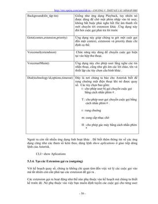 http://my.opera.com/asteriskvn - CHƯƠNG V: THIẾT KẾ CẤU HÌNH IP-PBX
- 58 -
Background(tên_tập tin) Giống như ứng dụng Playback, tuy nhiên nó
được dùng để chờ một phím nhập vào từ user,
không bắt buộc phải nghe hết file âm thanh rồi
mới chuyển tới extension khác .Ứng dụng này
đòi hỏi cuộc gọi phải trả lời trước
Goto(contex,extension,priority) Ứng dụng này giúp chúng ta gởi một cuột gọi
đến một context, extension và priority được chỉ
định cụ thể.
Voicemail(extendsion) Chức năng này dùng để chuyển cuộc gọi hiện
tại vào hộp thư thoại.
VoicemailMain() Ứng dụng này cho phép user lắng nghe các tin
nhắn thoại, cũng như ghi âm các lời chào, tên và
thiết lập các tùy chọn cấu hình khác .
Dial(technology/id,options,timeout) Đây là nơi chúng ta báo cho Asterisk biết để
rung chuông một điện thoại khi nó được quay
số. Các tùy chọn bao gồm:
t : cho phép user bị gọi chuyển cuộc gọi
bằng cách nhấn phím # .
T : cho phép user gọi chuyển cuộc gọi bằng
cách nhấn phím # .
r : rung chuông
m: cung cấp nhạc chờ
H : cho phép gác máy bằng cách nhấn phím
*
Ngoài ra còn rất nhiều ứng dụng linh hoạt khác . Để biết thêm thông tin về các ứng
dụng cũng như các tham số kèm theo, dùng lệnh show aplications ở giao tiếp dòng
lệnh của Asterisk.
CLI> show Aplications
5.3.4. Tạo các Extension gọi ra (outgoing)
Với kế hoạch quay số, chúng ta không chỉ quan tâm đến việc xử lý các cuộc gọi vào
mà tất nhiên còn cần phải tạo các extension để gọi ra .
Các extension gọi ra hoạt động như thế nào phụ thuộc vào kế hoạch mà chúng ta thiết
kế trước đó .Nó phụ thuộc vào việc bạn muốn định tuyến các cuộc gọi cho từng user
 
