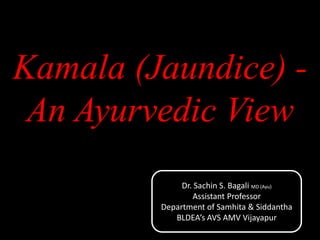 Kamala (Jaundice) -
An Ayurvedic View
Dr. Sachin S. Bagali MD (Ayu)
Assistant Professor
Department of Samhita & Siddantha
BLDEA’s AVS AMV Vijayapur
 
