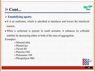 » Cont...
Emulsifying agents
It is an surfactant, which is adsorbed at interfaces and lowers the interfacial
tension.
When a surfactant is present in small amounts, it enhances its colloidal
stability by decreasing either or both of the rates of aggregation.
Examples-
» Miranol ultra
» PlantaCare
» Tween 80
» Plaronic F68
» Polaxamer 188
» Phospolipon 90G
10