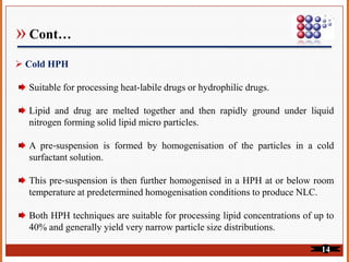 » Cont…
Cold HPH
Suitable for processing heat-labile drugs or hydrophilic drugs.
Lipid and drug are melted together and then rapidly ground under liquid
nitrogen forming solid lipid micro particles.
A pre‐suspension is formed by homogenisation of the particles in a cold
surfactant solution.
This pre‐suspension is then further homogenised in a HPH at or below room
temperature at predetermined homogenisation conditions to produce NLC.
Both HPH techniques are suitable for processing lipid concentrations of up to
40% and generally yield very narrow particle size distributions.
14