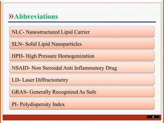 »Abbreviations
NLC- Nanostructured Lipid Carrier
SLN- Solid Lipid Nanoparticles
HPH- High Pressure Homogenization
NSAID- Non Steroidal Anti Inflammatory Drug
LD- Laser Diffractometry
GRAS- Generally Recognized As Safe
PI- Polydispersity Index
2