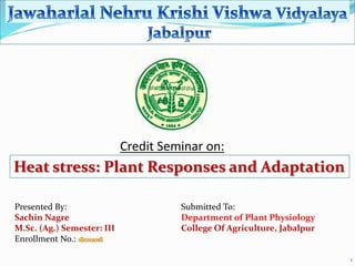 1
Credit Seminar on:
Presented By:
Sachin Nagre
M.Sc. (Ag.) Semester: III
Enrollment No.: 180112018
Submitted To:
Department of Plant Physiology
College Of Agriculture, Jabalpur
Heat stress: Plant Responses and Adaptation
 