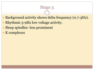 Stage 3
 Background activity shows delta frequency (0.7-3Hz).
 Rhythmic 5-9Hz low voltage activity.
 Sleep spindles- less prominent
 K complexes
 