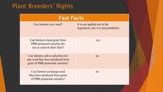 Plant Breeders’ Rights
Fast Facts
Can farmers save seed? It is not spelled out in the
legislation, but it is not prohibite...