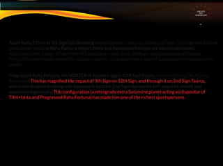 Ascdt Rahu Tithi is in 5th Sign Leo denoting entertainment, creativity, sports and fame. This Sign has aquired
great power because Rahu Fortuna Impact Point and Ascendant Fortuna are also located there.
Additionally, the Jupiter KT and Mars KT position are also there. Both are also dispositors of Destiny
Points.This combination makes for success in sports. It has given him a level of success commensurate to its
power.
Progressed Rahu Fortuna, the VORTEX of Karma is again 12th Sign Pisces, thereby causing the Mutual
Reception. This has magniﬁed the impact of 5th Sign on 12th Sign, and through it on 2nd Sign Taurus,
where the dispositor retrograde Neptune is located. 2nd Sign represents self-acquired wealth and
acquisitions generally. This conﬁguration (a retrograde extra Saturnine planet acting as dispositor of
Tithi+Ishta and Progressed Rahu Fortuna) has made him one of the richest sportspersons.
CIRCUITS
INA
HOROSCOPE
 