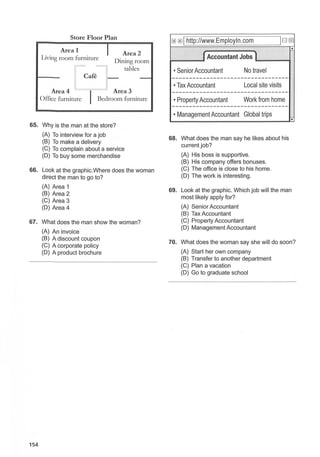 Store Floor Plan
Area 1 I
Living room furnitme
Cafe
Area2
Dining room
tables
-
Area 4
Office furniture
I
Area 3
Bedroom furniture
65. Why is the man at the store?
(A) To interview for a job
(B) To make a delivery
(C) To complain about a service
(D) To buy some merchandise
66. Look at the graphic.Where does the woman
direct the man to go to?
(A) Area 1
(B) Area 2
(C) Area 3
(D) Area 4
67. What does the man show the woman?
(A) An invoice
154
(B) A discount coupon
(C) A corporate policy
(D) A product brochure
8 01
http://www.Employln.com !GOO
rAccountant Jobs1
• Senior Accountant No travel
----------------------------------
•Tax Accountant Local site visits
----------------------------------
• Property Accountant Work from home
----------------------------------
• Management Accountant Global trips
68. What does the man say he likes about his
current job?
(A) His boss is supportive.
(B) His company offers bonuses.
(C) The office is close to his home.
(D) The work is interesting.
..
..
69. Look at the graphic. Which job will the man
most likely apply for?
(A) Senior Accountant
(B) Tax Accountant
(C) Property Accountant
(D) Management Accountant
70. What does the woman say she will do soon?
(A) Start her own company
(B) Transfer to another department
(C) Plan a vacation
(D) Go to graduate school
 