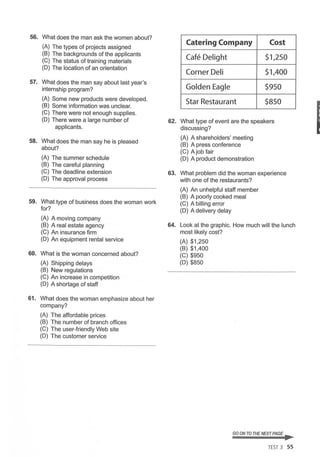 56. What does the man ask the women about?
(A) The types of projects assigned
(B) The backgrounds of the applicants
(C) The status of training materials
(D) The location of an orientation
57. What does the man say about last year's
internship program?
(A) Some new products were developed.
(B) Some information was unclear.
(C) There were not enough supplies.
(D) There were a large number of
applicants.
58. What does the man say he is pleased
about?
(A) The summer schedule
(B) The careful planning
(C) The deadline extension
(D) The approval process
59. What type of business does the woman work
for?
(A) A moving company
(B) A real estate agency
(C) An insurance firm
(D) An equipment rental service
60. What is the woman concerned about?
(A) Shipping delays
(B) New regulations
(C) An increase in competition
(D) A shortage of staff
61. What does the woman emphasize about her
company?
(A) The affordable prices
(B) The number of branch offices
(C) The user-friendly Web site
(D) The customer service
Catering Company Cost
Cafe Delight $1,250
Corner Deli $1,400
Golden Eagle $950
Star Restaurant $850
62. What type of event are the speakers
discussing?
(A) A shareholders' meeting
(B) A press conference
(C) A job fair
(D) A product demonstration
63. What problem did the woman experience
with one of the restaurants?
(A) An unhelpful staff member
(B) A poorly cooked meal
(C) A billing error
(D) A delivery delay
64. Look at the graphic. How much will the lunch
most likely cost?
(A) $1,250
(B) $1,400
(C) $950
(D) $850
GO ON TO THE NEXT PAGE ...
TEST 3 55
I
 