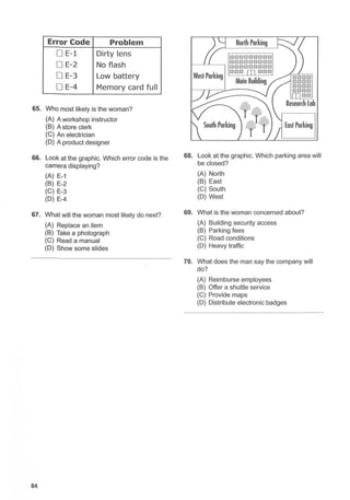 Error Code Problem
0 E- 1 Dirty lens
0 E-2 No flash
0 E-3 Low battery
0 E-4 Memory card full
65. Who most likely is the woman?
(A) A workshop instructor
(B) A store clerk
(C) An electrician
(D) A product designer
66. Look at the graphic. Which error code is the
camera displaying?
(A) E-1
(B) E-2
(C) E-3
(D) E-4
67. What will the woman most likely do next?
(A) Replace an item
(B) Take a photograph
(C) Read a manual
(D) Show some slides
84
West Parking
North Parking
DDDDDDDDD
DDDD DDDDD
DDDDDDDDD
DOD m DOD
Main Building
68. Look at the graphic. Which parking area will
be closed?
(A) North
(B) East
(C) South
(D) West
69. What is the woman concerned about?
(A) Building security access
(B) Parking fees
(C) Road conditions
(D) Heavy traffic
70. What does the man say the company will
do?
(A) Reimburse employees
(B) Offer a shuttle service
(C) Provide maps
(D) Distribute electronic badges
 