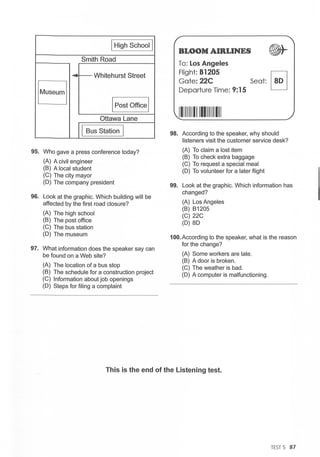 IHigh School I
Smith Road
Whitehurst Street
IMuseum I
IPost Office I
Ottawa Lane
I Bus Station I
95. Who gave a press conference today?
(A) A civil engineer
(B) A local student
(C) The city mayor
(D) The company president
96. Look at the graphic. Which building will be
affected by the first road closure?
(A) The high school
(B) The post office
(C) The bus station
(D) The museum
97. What information does the speaker say can
be found on a Web site?
(A) The location of a bus stop
(B) The schedule for a construction project
(C) Information about job openings
(D) Steps for filing a complaint
BLOOM AIRLINES
To: Los Angeles
Flight: 81205 D
Gate: 22C Seat: ~
Departure Time: 9:15
1111111111111111111111111111
98. According to the speaker, why should
listeners visit the customer service desk?
(A) To claim a lost item
(B) To check extra baggage
(C) To request a special meal
(D) To volunteer for a later flight
99. Look at the graphic. Which information has
changed?
(A) Los Angeles
(B) B1205
(C) 22C
(D) 8D
100. According to the speaker, what is the reason
for the change?
(A) Some workers are late.
(B) A door is broken.
(C) The weather is bad.
(D) A computer is malfunctioning.
This is the end of the Listening test.
TEST 5 87
 