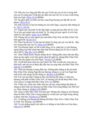 154. Nếu các con vâng giữ điều răn của Ta thì các con sẽ còn ở trong tình
yêu của Ta cũng như Ta đã giữ các điều răn của Cha Ta và còn ở mãi trong
tình yêu Ngài. GiGa 15:10 (BDM)
155. Sự ghen ghét xui điều cãi lộn; song lòng thương yêu lấp hết các tội
phạm. ChCn 10:12
156. Đức Giê-hô-va bảo hộ những kẻ yêu mến Ngài, song huỷ diệt những kẻ
ác. Thi Tv 145:20
157. Người nào yêu kính Ta thì tiếp nhận và tuân giữ các điều răn Ta. Cha
Ta sẽ yêu quý người nào yêu kính Ta. Ta cũng yêu quý người và sẽ tỏ bày
chính Ta cho người. GiGa 14:21 (BDM)
158. Nhưng nếu có một người yêu mến Đức Chúa Trời, thì Đức Chúa Trời
biết người đó. ICo1Cr 8:3
159. Như Cha đã yêu Ta thể nào thì chính Ta cũng yêu các con thể ấy . Hãy
cứ ở trong tình yêu của Ta. GiGa 15:9 (BDM)
160. Yêu thương Ngài với tất cả tấm lòng, trí óc, năng lực và yêu thương
người đồng loại như chính bản thân thật tốt hơn dâng mọi lễ vật và sinh tế
cho CHÚA. Mac Mc 12:33 (BHĐ)
161. Theo Thánh Kinh, Huyền nhiệm đó là “những điều chưa mắt nào thấy,
chưa tai nào nghe và trí loài người chưa hề nghĩ tới, nhưng Đức Chúa Trời
dành sẵn cho người yêu mến Ngài.” ICo1Cr 2:9 (BHĐ)
162. Và để biết được tình yêu của Chúa Cứu Thế, là tình yêu vượt quá sự
hiểu biết, anh chị em sẽ được đầy dẫy mọi sự sung mãn của Đức Chúa Trời.
Eph Ep 3:19 (BDM)
163. Tình yêu thương ở trong điều này: Không phải chúng ta đã yêu kính
Đức Chúa Trời, nhưng Ngài đã yêu thương chúng ta và sai Con Ngài làm
sinh tế hy sinh chuộc tội lỗi chúng ta. IGi1Ga 4:10 (BDM)
164. Các con yêu dấu! Chúng ta hãy yêu thương lẫn nhau, vì tình yêu
thương xuất phát từ Đức Chúa Trời. Ai thương yêu thì đã được Đức Chúa
Trời sinh ra và nhận biết Đức Chúa Trời. 4:7 (BDM)
165. Chiều cao, chiều sâu, hoặc một tạo vật nào, cũng không thể phân rẽ
chúng ta khỏi tình yêu thương của Đức Chúa Trời trong Đấng Cứu Thế Giê-
su, Chúa chúng ta. RoRm 8:39 (BHĐ)
166. Chưa ai thấy Đức Chúa Trời bao giờ. Nhưng nếu chúng ta yêu thương
nhau thì Đức Chúa Trời ở trong chúng ta và tình yêu của Ngài trong chúng
ta được toàn hảo. IGi1Ga 4:12 (BDM)
167. Ai không yêu thương thì không biết Đức Chúa Trời vì Đức Chúa Trời
là Tình Yêu Thương. 4:8 (BDM)
168. Ta yêu những người yêu mến ta và những ai tìm kiếm ta sẽ tìm được.
ChCn 8:17 (BDM)
 