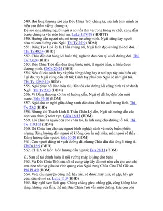 549. Bởi lòng thương xót của Đức Chúa Trời chúng ta, mà ánh bình minh từ
trên cao thăm viếng chúng ta,
Để soi sáng những người ngồi ở nơi tối tăm và trong bóng sự chết, cùng dẫn
bước chúng ta vào nẻo bình an. LuLc 1:78-79 (HĐBTT)
550. Hướng dẫn người nhu mì trong sự công minh. Ngài cũng dạy người
nhu mì con đường của Ngài. Thi Tv 25:9 (BDM)
551. Đấng Tạo Hoá ấy là Thần chúng tôi, Ngài lãnh đạo chúng tôi đời đời.
Thi Tv 48:14 (BHĐ)
552. Chúa dẫn dắt bằng lời huấn thị, nghênh đón con tại cuối đường đời. Thi
Tv 73:24 (BHĐ)
553. Đức Chúa Trời dẫn đưa từng bước một, là người trần, ai hiểu được
đường mình. ChCn 20:24 (BHĐ)
554. Nếu tôi cất cánh bay về phía hừng đông hay ở nơi cực tây của biển cả;
Tại đó, tay Ngài cũng dẫn dắt tôi; Cánh tay phải của Ngài sẽ nắm giữ tôi.
Thi Tv 139:9-10 (BDM)
555. Ngài phục hồi linh hồn tôi, Dẫn tôi vào đường lối công bình vì cớ danh
Ngài. Thi Tv 23:3 (BDM)
556. Vì Đấng thương xót họ sẽ hướng dẫn, Ngài sẽ dắt họ đến bên suối
nước. EsIs 49:10 (BDM)
557. Ngài cho an nghỉ giữa đồng xanh dẫn đưa đến bờ suối trong lành. Thi
Tv 23:2 (BHĐ)
558. Nhưng khi Thánh Linh là Thần Chân Lý đến, Ngài sẽ hướng dẫn các
con vào chân lý toàn vẹn, GiGa 16:13 (BDM)
559. Lời Chúa là ngọn đèn cho chân tôi, là ánh sáng cho đường lối tôi. Thi
Tv 119:105 (BDM)
560. Dù Chúa ban cho các ngươi bánh nghịch cảnh và nước buồn phiền
nhưng Đấng hướng dẫn ngươi sẽ không còn ẩn mặt nữa, mắt ngươi sẽ thấy
Đấng hướng dẫn ngươi. EsIs 30:20 (BDM)
561. Con người dùng trí vạch đường đi, nhưng Chúa dìu dắt từng li từng tí.
ChCn 16:9 (BHĐ)
562. CHÚA sẽ luôn luôn hướng dẫn ngươi; EsIs 28:11 (BDM)
G. Nan đề tài chính luôn là nỗi vướng mắc lo lắng cho bạn?
563. Và Đức Chúa Trời của tôi sẽ cung cấp đầy đủ mọi nhu cầu cho anh chị
em theo như sự giàu có vinh quang của Ngài trong Chúa Cứu Thế Giê-su.
Phi Pl 4:9 (BDM)
564. Việc cầu nguyện cũng thế: hãy xin, sẽ được, hãy tìm, sẽ gặp, hãy gõ
cửa, cửa sẽ mở ra. LuLc 11:9 (BHĐ)
565. Hãy nghĩ xem loài quạ: Chúng chẳng gieo, chẳng gặt, cũng không kho
tàng, không vựa lẫm, thế mà Đức Chúa Trời vẫn nuôi chúng. Các con còn
 