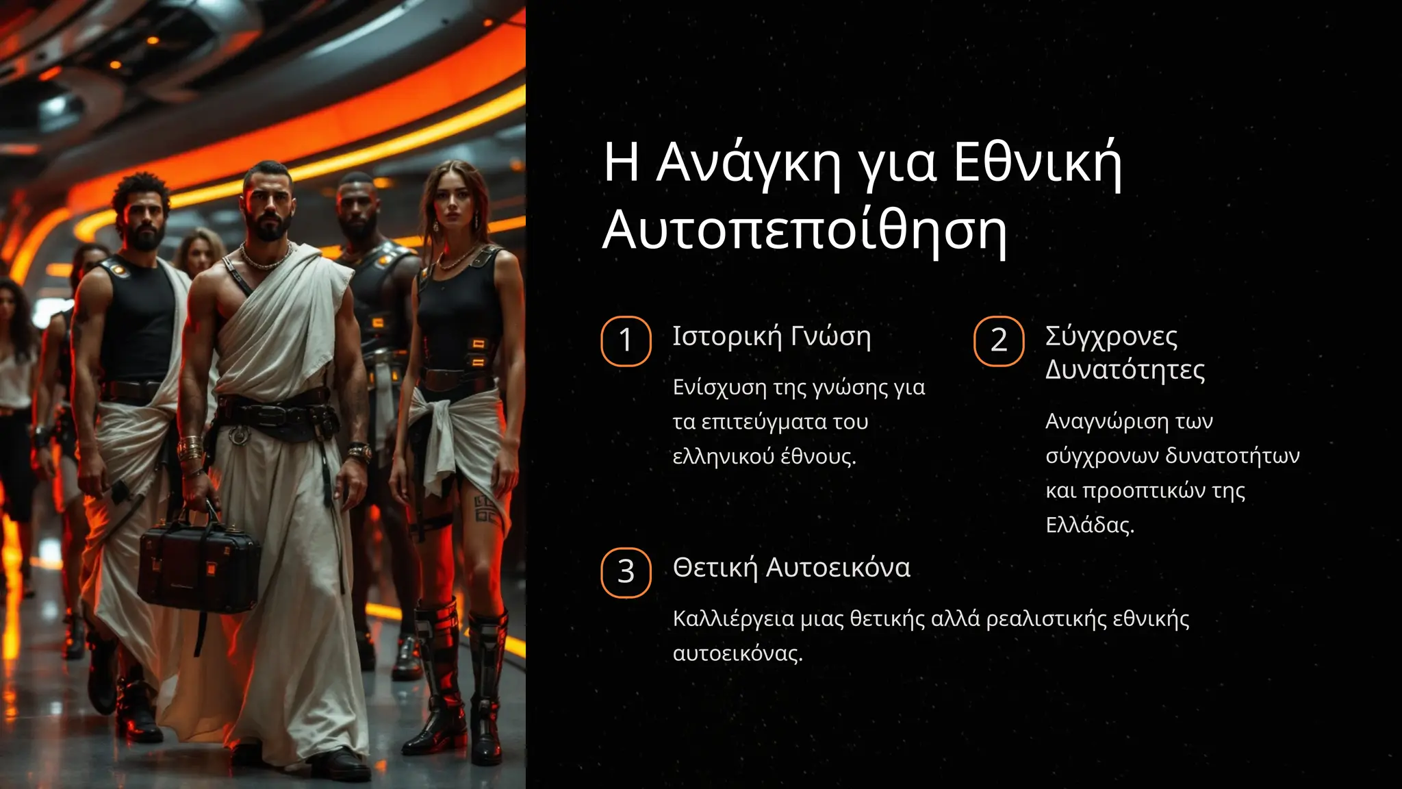 Η Ανάγκη για Εθνική
Αυτοπεποίθηση
1 Ιστορική Γνώση
Ενίσχυση της γνώσης για
τα επιτεύγματα του
ελληνικού έθνους.
2 Σύγχρονες
Δυνατότητες
Αναγνώριση των
σύγχρονων δυνατοτήτων
και προοπτικών της
Ελλάδας.
3 Θετική Αυτοεικόνα
Καλλιέργεια μιας θετικής αλλά ρεαλιστικής εθνικής
αυτοεικόνας.
 