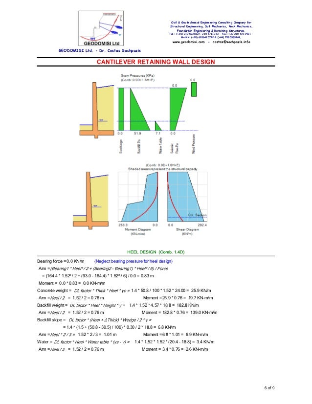 Concrete Retaining Wall Design Example as per the above analysis wall and base have maximum bending moments of 3981 knm and 4685knm respectively design of each element is carried out as per 6 Cantilever Retaining Wall Design Concrete Retaining Wall Design Example 6 cantilever retaining wall design 6 Cantilever Retaining Wall Design
